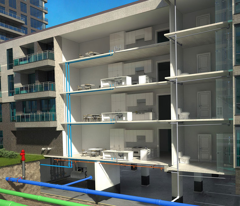 plumbing throughout a low-rise residential building